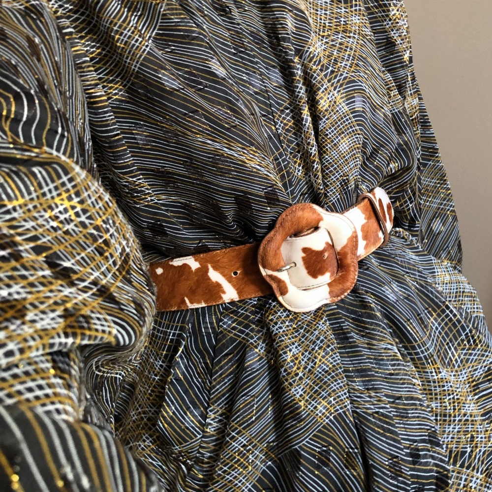 flower buckle ponyhair wide leather belt 24”-29”, lisa says gah